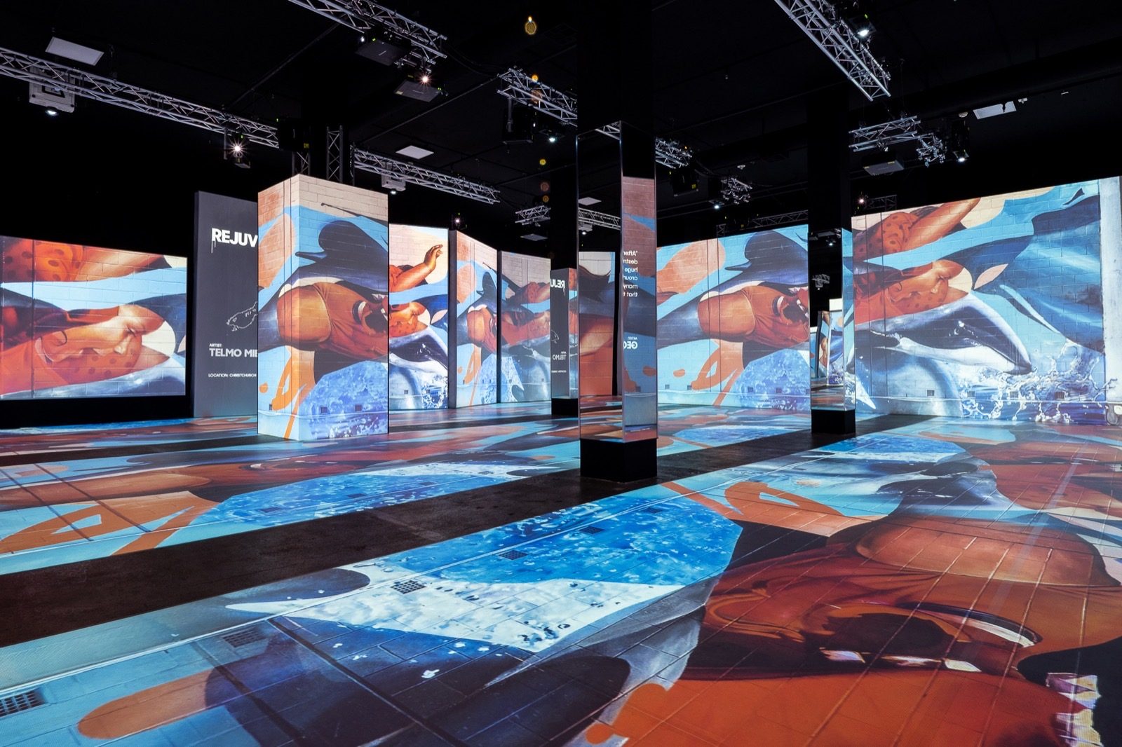Large-scale street art murals installed in a Magic Box gallery hall