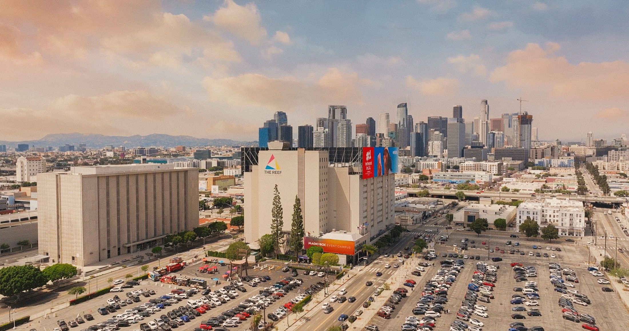 Aerial view of the Magic Box campus and the Downtown Los Angeles skyline