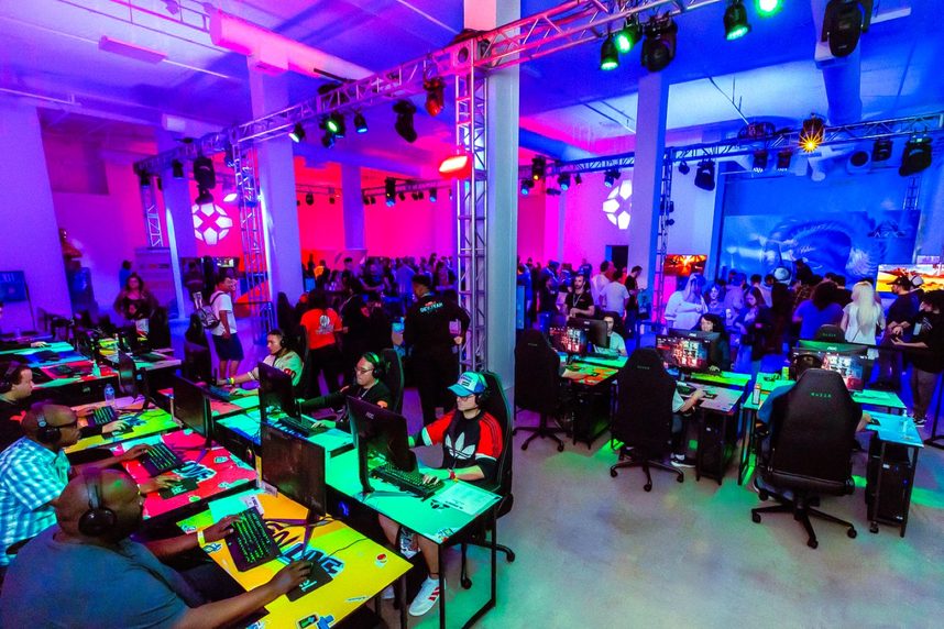 Rows of gaming stations set across the hall