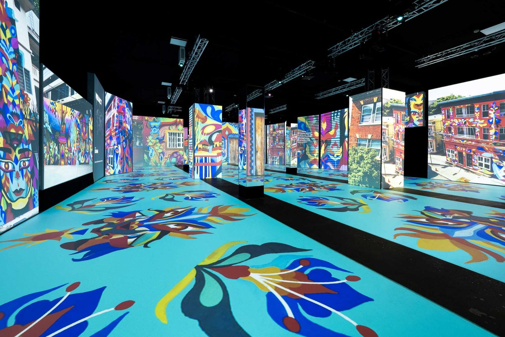 Colorful immersive floor and wall art installation on the first floor