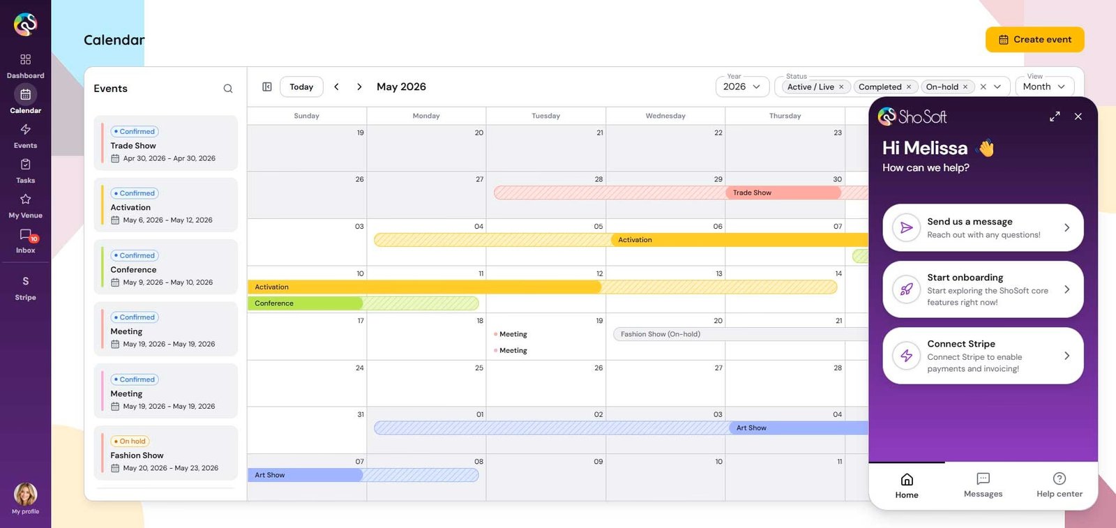 The ShoSoft calendar, a month of events with the support assistant open