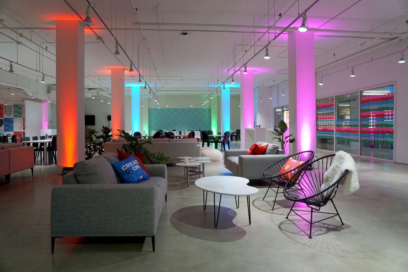 A lounge build-out with color-washed columns